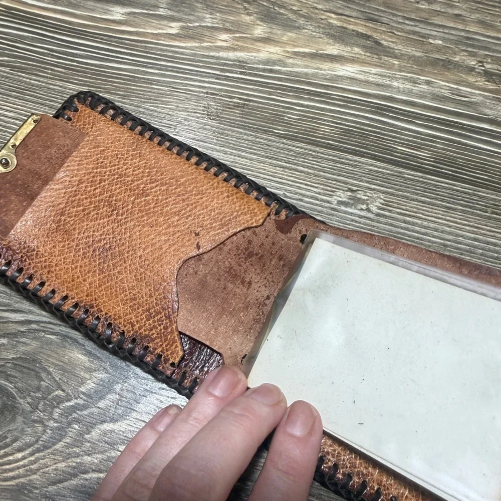 Vintage Hand Tooled Leather Fisherman Bass Wallet Whipstitch Bifold BrownWestern